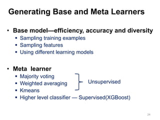 Generating Base and Meta Learners
• Base model—efficiency, accuracy and diversity
 Sampling training examples
 Sampling features
 Using different learning models
• Meta learner
 Majority voting
 Weighted averaging
 Kmeans
 Higher level classifier — Supervised(XGBoost)
24
Unsupervised
 