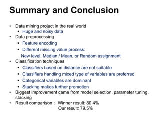 Summary and Conclusion
• Data mining project in the real world
 Huge and noisy data
• Data preprocessing
 Feature encoding
 Different missing value process:
New level, Median / Mean, or Random assignment
• Classification techniques
 Classifiers based on distance are not suitable
 Classifiers handling mixed type of variables are preferred
 Categorical variables are dominant
 Stacking makes further promotion
• Biggest improvement came from model selection, parameter tuning,
stacking
• Result comparison： Winner result: 80.4%
Our result: 79.5%
 