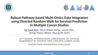 Robust Pathway-based Multi-Omics Data Integration
using Directed Random Walk for Survival Prediction
in Multiple Cancer Studies
So Yeon Kim, Hyun-Hwan Jeong, Jaesik Kim,
Jeong-Hyeon Moon, Kyung-Ah Sohn
17TH ANNUAL INTERNATIONAL CONFERENCE ON CRITICAL
ASSESSMENT OF MASSIVE DATA ANALYSIS (CAMDA 2018)
CANCER DATA INTEGRATION CHALLENGE
CAMDA 2018 1
 