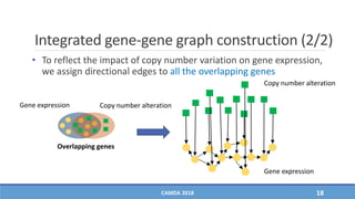 Integrated gene-gene graph construction (2/2)
• To reflect the impact of copy number variation on gene expression,
we assign directional edges to all the overlapping genes
CAMDA 2018 18
Gene expression
Overlapping genes
Copy number alteration
Gene expression
Copy number alteration
 