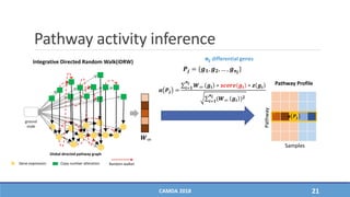 Pathway activity inference
CAMDA 2018 21
Pathway Profile
Pathway
Samples
𝒂 𝑷𝒋
𝒂 𝑷𝒋 = 𝒊=𝟏
𝒏 𝒋
𝑾∞ 𝒈𝒊 ∗ 𝒔𝒄𝒐𝒓𝒆 𝒈𝒊 ∗ 𝒛 𝒈𝒊
𝒊=𝟏
𝒏 𝒋
(𝑾∞ 𝒈𝒊 ) 𝟐
ground
node
Global directed pathway graph
Gene expression Copy number alteration Random walker
Integrative Directed Random Walk(iDRW)
𝑾∞
𝑷𝒋 = {𝒈 𝟏, 𝒈 𝟐, … , 𝒈 𝒏𝒋
}
𝒏𝒋 differential genes
 