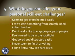 Seem to get overwhelmed easily
I can’t start something from scratch, need 
initial direction
Don’t really like to engage groups of people
Feel a need to be in the spotlight
Get bored and distracted easily
Never seem to finish anything
I don’t know how to share tasks
                                               7
 
