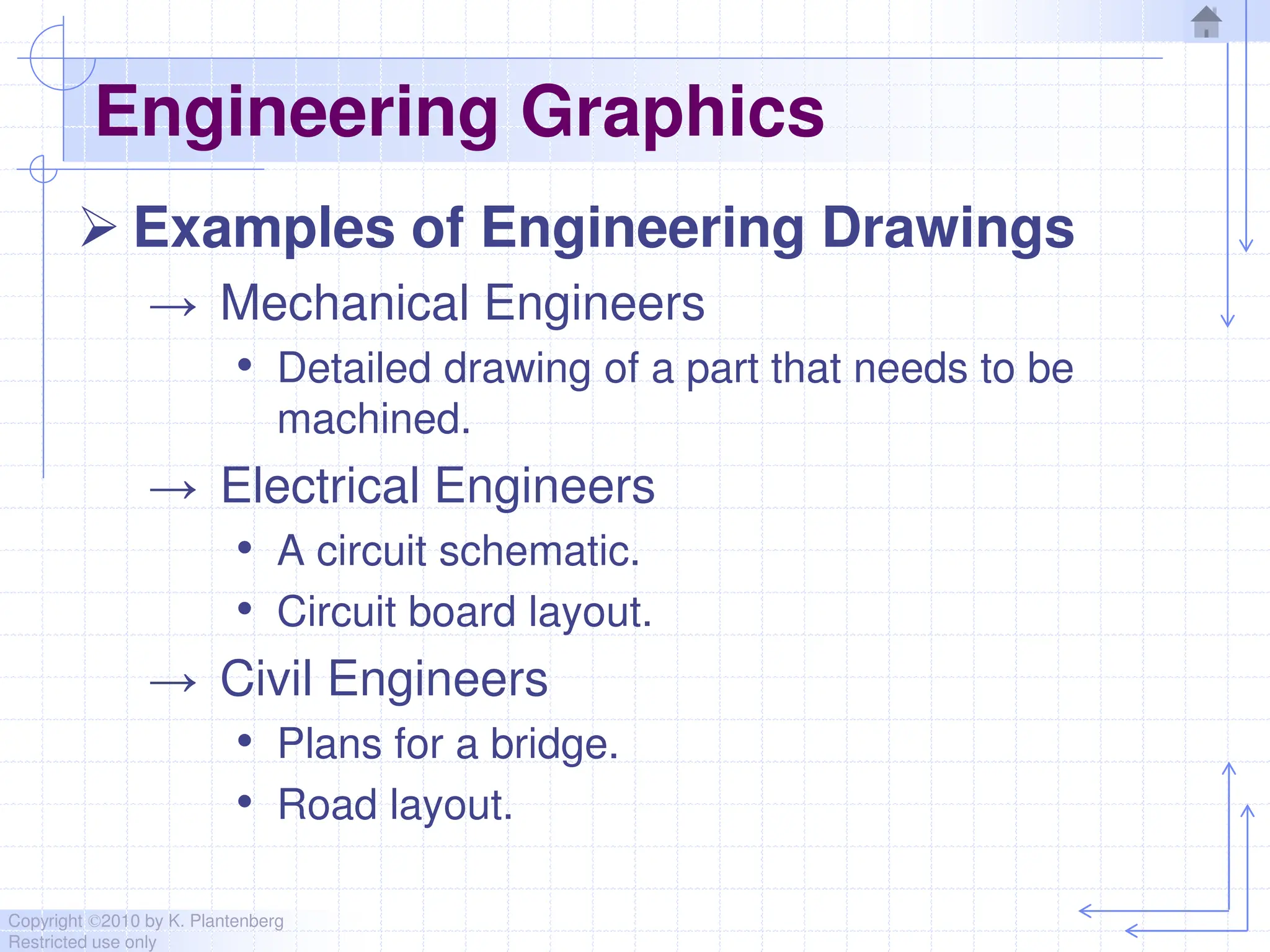 Copyright ©2010 by K. Plantenberg
Restricted use only
Engineering Graphics
 Examples of Engineering Drawings
→ Mechanical Engineers
• Detailed drawing of a part that needs to be
machined.
→ Electrical Engineers
• A circuit schematic.
• Circuit board layout.
→ Civil Engineers
• Plans for a bridge.
• Road layout.
 