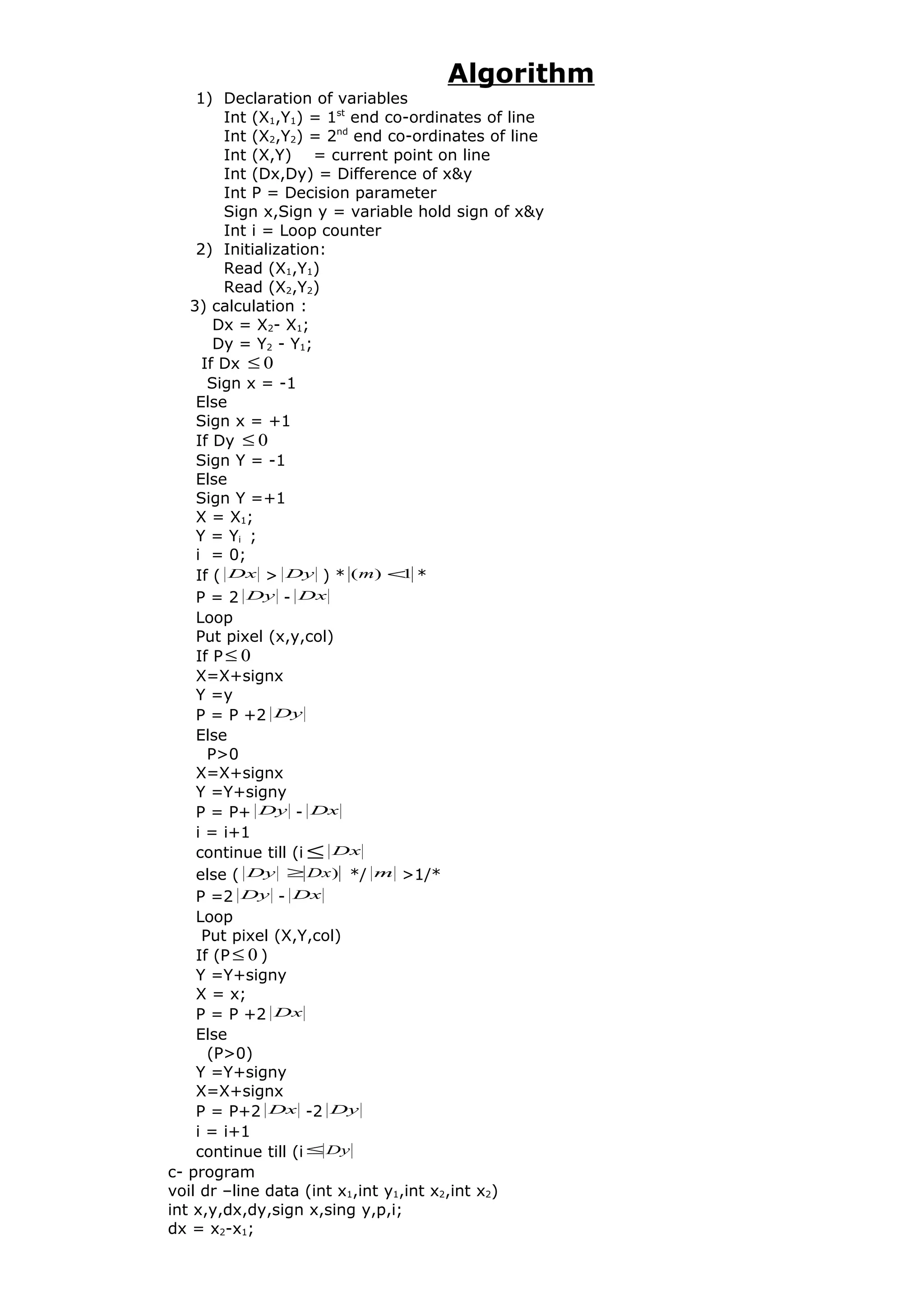 Algorithm
1) Declaration of variables
Int (X1,Y1) = 1st
end co-ordinates of line
Int (X2,Y2) = 2nd
end co-ordinates of line
Int (X,Y) = current point on line
Int (Dx,Dy) = Difference of x&y
Int P = Decision parameter
Sign x,Sign y = variable hold sign of x&y
Int i = Loop counter
2) Initialization:
Read (X1,Y1)
Read (X2,Y2)
3) calculation :
Dx = X2- X1;
Dy = Y2 - Y1;
If Dx 0≤
Sign x = -1
Else
Sign x = +1
If Dy 0≤
Sign Y = -1
Else
Sign Y =+1
X = X1;
Y = Yi ;
i = 0;
If ( Dx > Dy ) * 1)( <m *
P = 2 Dy - Dx
Loop
Put pixel (x,y,col)
If P 0≤
X=X+signx
Y =y
P = P +2 Dy
Else
P>0
X=X+signx
Y =Y+signy
P = P+ Dy - Dx
i = i+1
continue till (i ≤ Dx
else ( Dy )Dx≥ */ m >1/*
P =2 Dy - Dx
Loop
Put pixel (X,Y,col)
If (P 0≤ )
Y =Y+signy
X = x;
P = P +2 Dx
Else
(P>0)
Y =Y+signy
X=X+signx
P = P+2 Dx -2 Dy
i = i+1
continue till (i Dy≤
c- program
voil dr –line data (int x1,int y1,int x2,int x2)
int x,y,dx,dy,sign x,sing y,p,i;
dx = x2-x1;
 