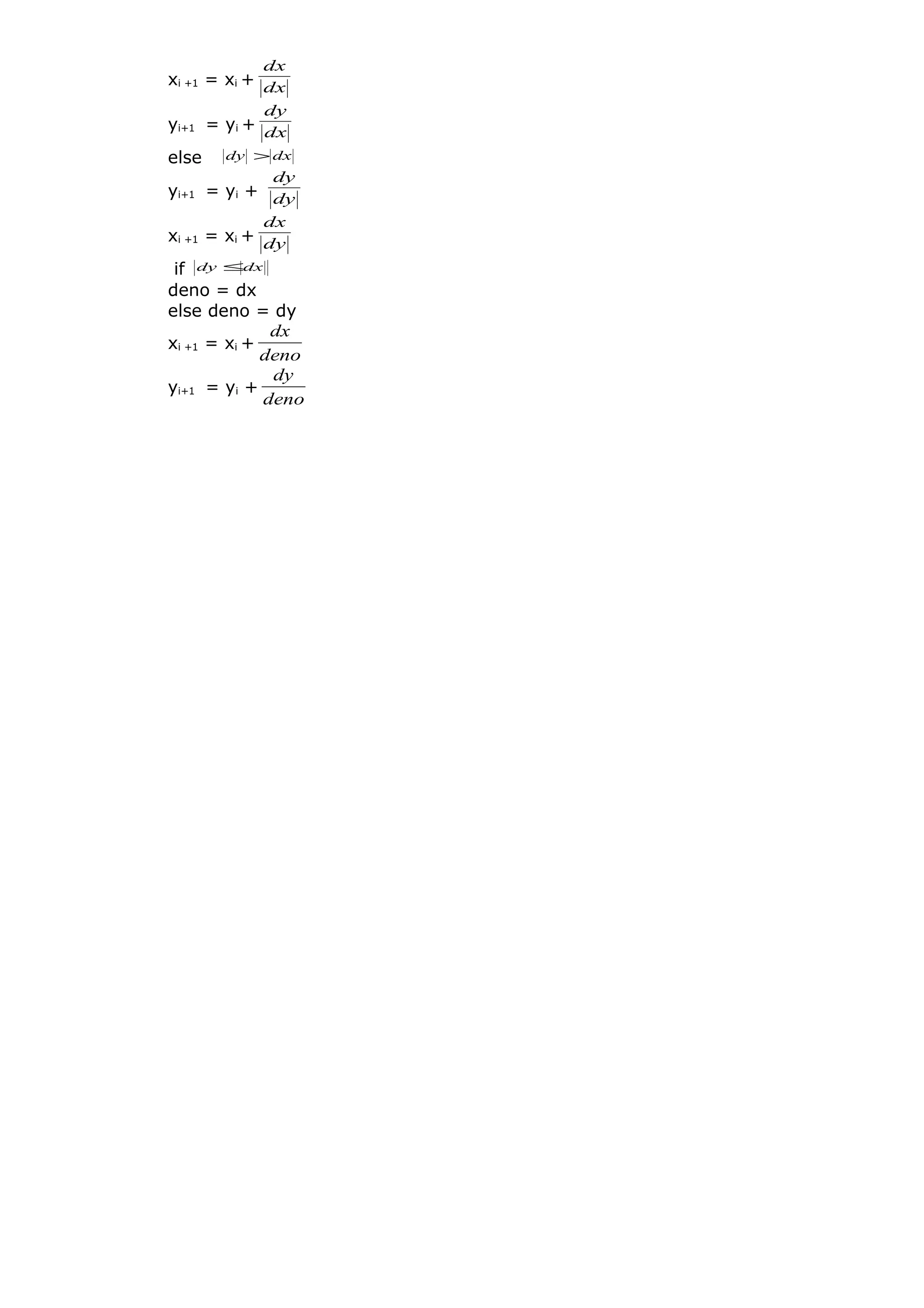 xi +1 = xi + dx
dx
yi+1 = yi + dx
dy
else dxdy >
yi+1 = yi + dy
dy
xi +1 = xi + dy
dx
if dxdy ≤
deno = dx
else deno = dy
xi +1 = xi +
deno
dx
yi+1 = yi +
deno
dy
 