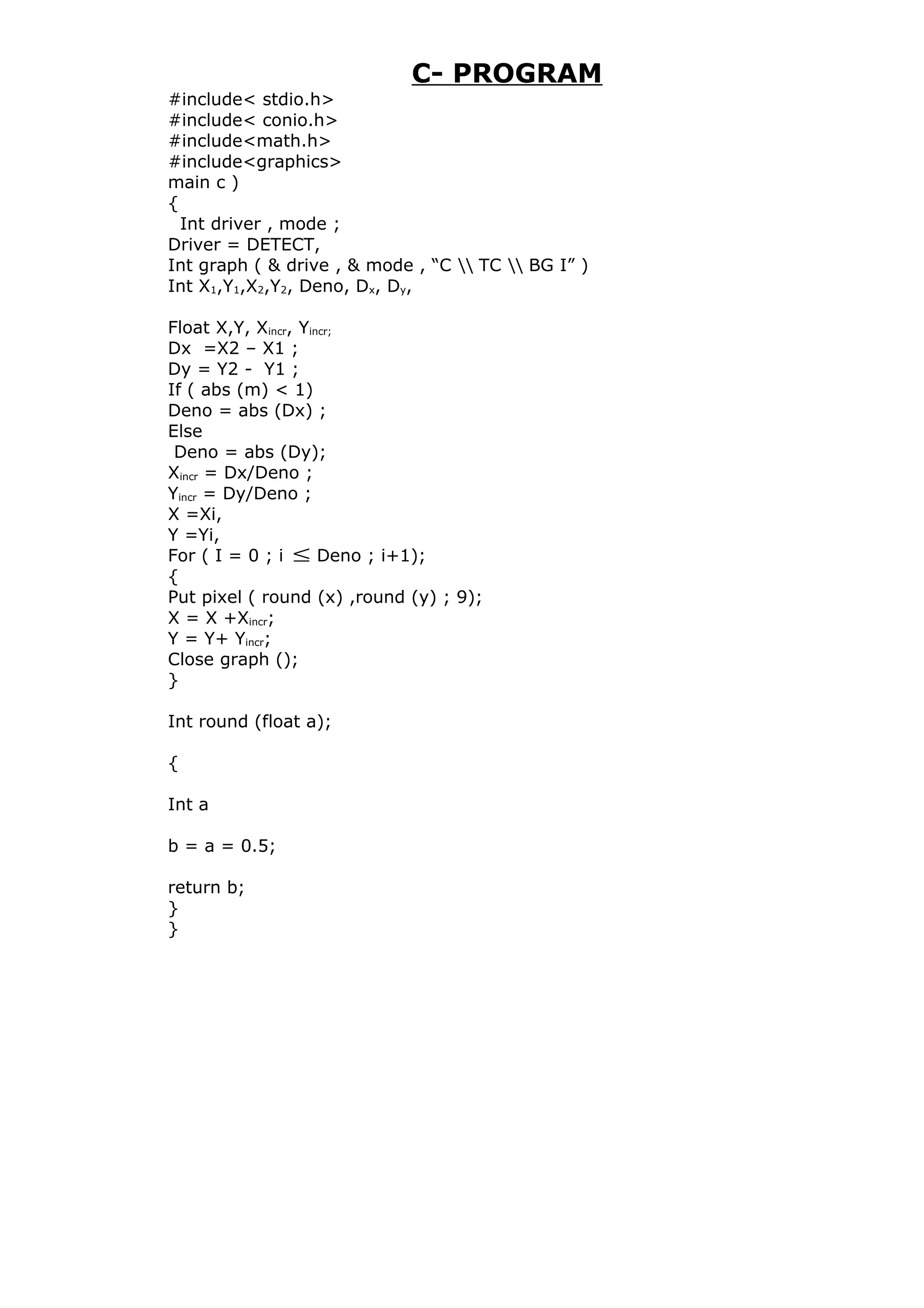 C- PROGRAM
#include< stdio.h>
#include< conio.h>
#include<math.h>
#include<graphics>
main c )
{
Int driver , mode ;
Driver = DETECT,
Int graph ( & drive , & mode , “C  TC  BG I” )
Int X1,Y1,X2,Y2, Deno, Dx, Dy,
Float X,Y, Xincr, Yincr;
Dx =X2 – X1 ;
Dy = Y2 - Y1 ;
If ( abs (m) < 1)
Deno = abs (Dx) ;
Else
Deno = abs (Dy);
Xincr = Dx/Deno ;
Yincr = Dy/Deno ;
X =Xi,
Y =Yi,
For ( I = 0 ; i ≤ Deno ; i+1);
{
Put pixel ( round (x) ,round (y) ; 9);
X = X +Xincr;
Y = Y+ Yincr;
Close graph ();
}
Int round (float a);
{
Int a
b = a = 0.5;
return b;
}
}
 