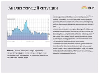 Анализ текущей ситуации

Cameco (Canadian Mining and Energy Corporation) —
канадская горнорудная компания, один из крупнейших
производителей урана в мире, на компанию приходится 19 %
мировой добычи урана.

Согласно прогнозам международного рейтингового
агентства Fitch Ratings, намерения Японии возобновить
использования атомной энергетики очевидны. Второго марта
2014-го года на заседании кабинета министров Японии был
представлен основной план в области энергетики (Basiс
Energy Plan), в котором атомная энергетика названа важным
источником "базовой генерации" электроэнергии.
Утверждение плана правительством ожидается в марте.
Также, особое место в развитии атомной энергетике
отводится другим азиатским странам, в первую очередь
Китаю. Китай официально объявил об увеличении
потенциала атомной энергетики до 80 гигаватт к 2020 году, в
то время как сегодня эта страна располагает подобными
мощностями только на 12 гигаватт. По прогнозам
Международного агентства по атомной энергии (МАГАТЭ)
рост спроса на новые ядерные реакторы ожидается не
только в Китае и Индии, но также и в Южной Корее, США,
Великобритании, России, Украины и стран Ближнего
Востока.
Эти обстоятельства уже позволили ценам на уран вырасти.
В сложившейся обстановке наибольшим интересом
пользуются компании – производители урана, таких как
канадская компания Cameco. Финансовый анализ отличает
эту компанию как перспективную. Рост продаж даже в
трудных условиях - заслуга грамотного менеджмента. Кроме
этого падение курса канадского доллара оказывает
поддержку отчетности компании. Существует высокая
вероятность роста курса бумаг на чем можно заработать при
помощи структурированного продукта.

 