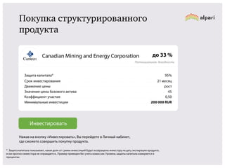 Покупка структурированного
продукта
Canadian Mining and Energy Corporation

до 30 %

Потенциальная доходность

Защита капитала*
Срок инвестирования
Движение цены
Значение цены базового актива
Коэффициент участия
Минимальные инвестиции

100%
до 14.01.2016
рост
45
0,50
200 000 RUR

Инвестировать
Нажав на кнопку «Инвестировать», Вы перейдете в Личный кабинет,
где сможете совершить покупку продукта.
* Защита капитала показывает, какая доля от суммы инвестиций будет возвращена инвестору на дату экспирации
продукта, если прогноз инвестора не оправдается.. Пример приведен без учета комиссии. Уровень защиты капитала
измеряется в процентах.

 