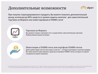 Дополнительные возможности
При покупке структурированного продукта, Вы можете получить дополнительный
1
доход, используя до 80% средств от уровня защиты капитала для
самостоятельной
торговли на Форексе или инвестирования в ПАММ-счета!
Торговля на Форексе
Вы сможете открыть торговый счет и осуществлять самостоятельную торговлю
Любыми финансовыми активами.

Инвестиции в ПАММ-счета или портфели ПАММ-счетов
Далее работа будет вестись без вашего участия — ею будет руководить опытный трейдер.
Вы также можете инвестировать средства в портфели ПАММ-счетов, которые составили
специалисты нашей компании.

1 Уровень защиты капитала структурированного продукта, то есть сумма, которая гарантированно вернется инвестору после экспирации, выступает залогом на маржинальном
счете клиента. Финансирование предоставляется при условии, что 80% от уровня защиты капитала составляет не менее 100 000 рублей или 3 000 долларов США.

 