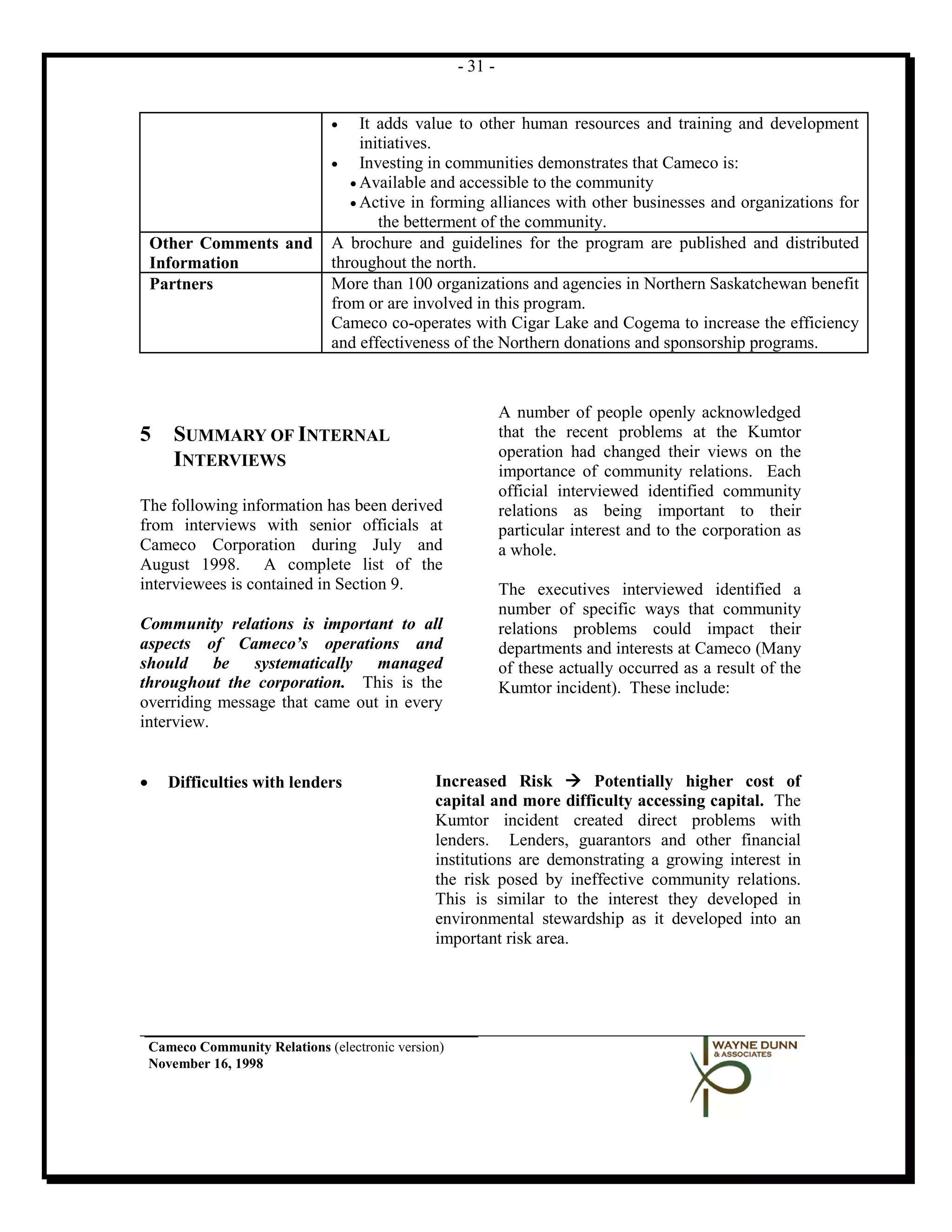 - 31 -


                                 •    It adds value to other human resources and training and development
                                      initiatives.
                                 •    Investing in communities demonstrates that Cameco is:
                                    • Available and accessible to the community
                                    • Active in forming alliances with other businesses and organizations for
                                         the betterment of the community.
    Other Comments and           A brochure and guidelines for the program are published and distributed
    Information                  throughout the north.
    Partners                     More than 100 organizations and agencies in Northern Saskatchewan benefit
                                 from or are involved in this program.
                                 Cameco co-operates with Cigar Lake and Cogema to increase the efficiency
                                 and effectiveness of the Northern donations and sponsorship programs.



                                                               A number of people openly acknowledged
5       SUMMARY OF INTERNAL                                    that the recent problems at the Kumtor
                                                               operation had changed their views on the
        INTERVIEWS                                             importance of community relations. Each
                                                               official interviewed identified community
The following information has been derived                     relations as being important to their
from interviews with senior officials at                       particular interest and to the corporation as
Cameco Corporation during July and                             a whole.
August 1998. A complete list of the
interviewees is contained in Section 9.                        The executives interviewed identified a
                                                               number of specific ways that community
Community relations is important to all                        relations problems could impact their
aspects of Cameco’s operations and                             departments and interests at Cameco (Many
should be systematically managed                               of these actually occurred as a result of the
throughout the corporation. This is the                        Kumtor incident). These include:
overriding message that came out in every
interview.


•      Difficulties with lenders                 Increased Risk  Potentially higher cost of
                                                 capital and more difficulty accessing capital. The
                                                 Kumtor incident created direct problems with
                                                 lenders. Lenders, guarantors and other financial
                                                 institutions are demonstrating a growing interest in
                                                 the risk posed by ineffective community relations.
                                                 This is similar to the interest they developed in
                                                 environmental stewardship as it developed into an
                                                 important risk area.




    Cameco Community Relations (electronic version)
    November 16, 1998
 