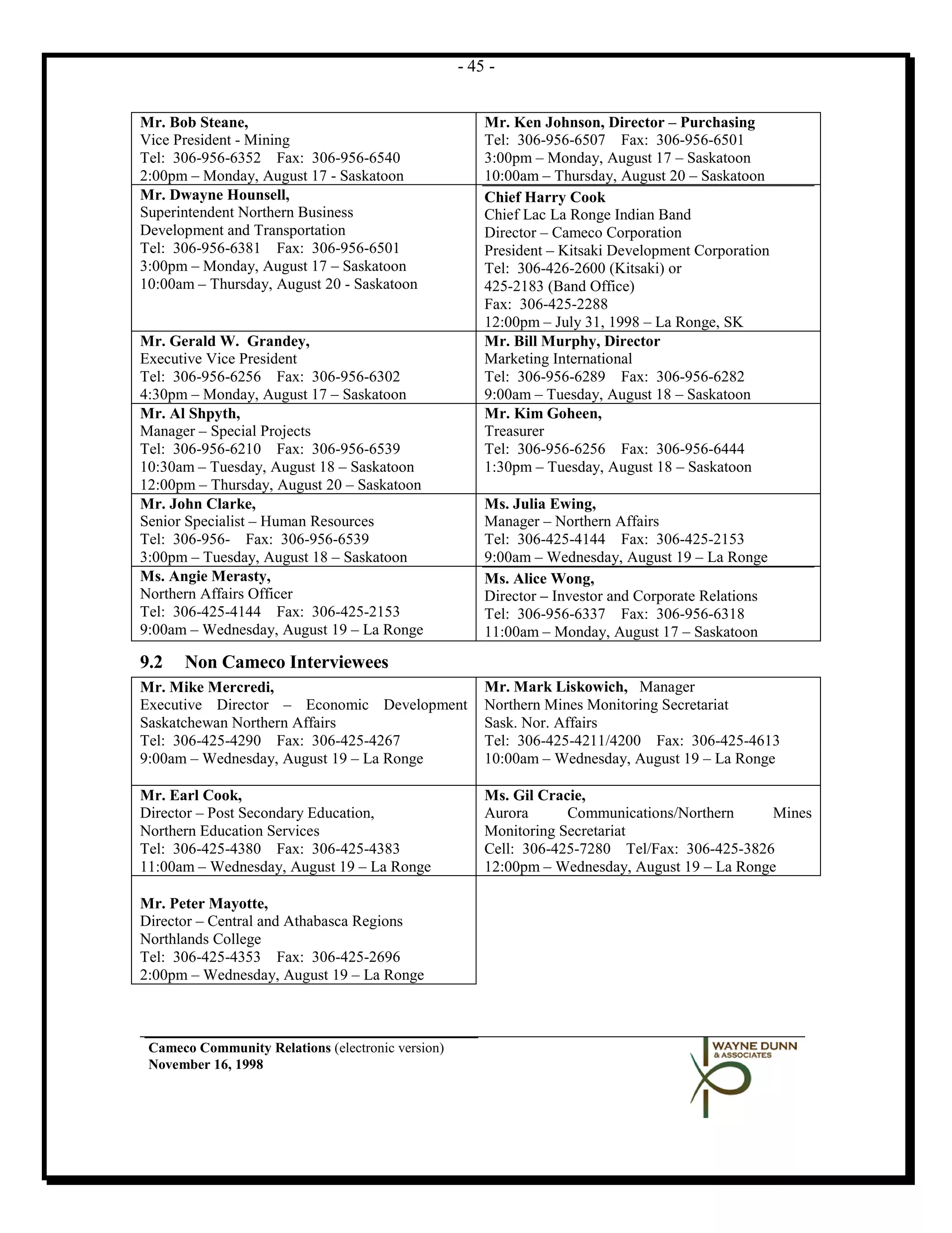 - 45 -


Mr. Bob Steane,                                        Mr. Ken Johnson, Director – Purchasing
Vice President - Mining                                Tel: 306-956-6507 Fax: 306-956-6501
Tel: 306-956-6352 Fax: 306-956-6540                    3:00pm – Monday, August 17 – Saskatoon
2:00pm – Monday, August 17 - Saskatoon                 10:00am – Thursday, August 20 – Saskatoon
Mr. Dwayne Hounsell,                                   Chief Harry Cook
Superintendent Northern Business                       Chief Lac La Ronge Indian Band
Development and Transportation                         Director – Cameco Corporation
Tel: 306-956-6381 Fax: 306-956-6501                    President – Kitsaki Development Corporation
3:00pm – Monday, August 17 – Saskatoon                 Tel: 306-426-2600 (Kitsaki) or
10:00am – Thursday, August 20 - Saskatoon              425-2183 (Band Office)
                                                       Fax: 306-425-2288
                                                       12:00pm – July 31, 1998 – La Ronge, SK
Mr. Gerald W. Grandey,                                 Mr. Bill Murphy, Director
Executive Vice President                               Marketing International
Tel: 306-956-6256 Fax: 306-956-6302                    Tel: 306-956-6289 Fax: 306-956-6282
4:30pm – Monday, August 17 – Saskatoon                 9:00am – Tuesday, August 18 – Saskatoon
Mr. Al Shpyth,                                         Mr. Kim Goheen,
Manager – Special Projects                             Treasurer
Tel: 306-956-6210 Fax: 306-956-6539                    Tel: 306-956-6256 Fax: 306-956-6444
10:30am – Tuesday, August 18 – Saskatoon               1:30pm – Tuesday, August 18 – Saskatoon
12:00pm – Thursday, August 20 – Saskatoon
Mr. John Clarke,                                       Ms. Julia Ewing,
Senior Specialist – Human Resources                    Manager – Northern Affairs
Tel: 306-956- Fax: 306-956-6539                        Tel: 306-425-4144 Fax: 306-425-2153
3:00pm – Tuesday, August 18 – Saskatoon                9:00am – Wednesday, August 19 – La Ronge
Ms. Angie Merasty,                                     Ms. Alice Wong,
Northern Affairs Officer                               Director – Investor and Corporate Relations
Tel: 306-425-4144 Fax: 306-425-2153                    Tel: 306-956-6337 Fax: 306-956-6318
9:00am – Wednesday, August 19 – La Ronge               11:00am – Monday, August 17 – Saskatoon

9.2   Non Cameco Interviewees
Mr. Mike Mercredi,                                     Mr. Mark Liskowich, Manager
Executive Director – Economic Development              Northern Mines Monitoring Secretariat
Saskatchewan Northern Affairs                          Sask. Nor. Affairs
Tel: 306-425-4290 Fax: 306-425-4267                    Tel: 306-425-4211/4200 Fax: 306-425-4613
9:00am – Wednesday, August 19 – La Ronge               10:00am – Wednesday, August 19 – La Ronge

Mr. Earl Cook,                                         Ms. Gil Cracie,
Director – Post Secondary Education,                   Aurora      Communications/Northern      Mines
Northern Education Services                            Monitoring Secretariat
Tel: 306-425-4380 Fax: 306-425-4383                    Cell: 306-425-7280 Tel/Fax: 306-425-3826
11:00am – Wednesday, August 19 – La Ronge              12:00pm – Wednesday, August 19 – La Ronge

Mr. Peter Mayotte,
Director – Central and Athabasca Regions
Northlands College
Tel: 306-425-4353 Fax: 306-425-2696
2:00pm – Wednesday, August 19 – La Ronge



 Cameco Community Relations (electronic version)
 November 16, 1998
 