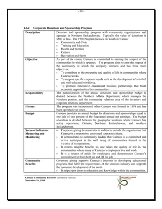 - 30 -




4.6.2 Corporate Donations and Sponsorship Program
 Description           Donation and sponsorship program with community organizations and
                       agencies in Northern Saskatchewan. Typically the value of donations is
                       $500 or less. The 1998 Program focuses on Youth in 5 areas:
                       •   Community and Civic
                       •   Training and Education
                       •   Health and Welfare
                       •   Culture
                       •   Recreation and Sport
 Objective             As part of its vision, Cameco is committed to earning the respect of the
                       communities in which it operates. The program aims to earn the respect of
                       the community in which the company interacts and has three main
                       objectives:
                       •   To contribute to the prosperity and quality of life in communities where
                           Cameco works.
                       •   To support specific corporate needs such as the development of a skilled
                           and well-educated workforce.
                       •   To promote innovative educational business partnerships that build
                           economic opportunities for communities.
 Responsibility        The administration of the annual donations and sponsorship budget is
                       divided between the Northern Affairs Department, which manages the
                       Northern portion, and the community relations area of the investors and
                       corporate relations department.
 History               The program was incorporated when Cameco was formed in 1988 and has
                       been operated ever since.
 Budget                Cameco provides an annual budget for donations and sponsorships equal to
                       one half of one percent of the forecasted annual net earnings. The budget
                       allocation is divided between the geographic locations where Cameco has
                       active operations; Ontario, Northern Saskatchewan, and southern
                       Saskatchewan.
 Success Indicators    •   Corporate giving demonstrates to audiences outside the organization that
 Measuring and             Cameco is a responsive, concerned corporate citizen.
 Monitoring            •   It demonstrates to community leaders that Cameco is a committed and
                           active participant in the well being of communities located in the
                           vicinity of its operations.
                       •   It returns tangible benefits to, and raises the quality of life in, the
                           communities where many of Cameco’s employees live and work.
                       •   It is a source of pride for employees and demonstrates Cameco’s
                           commitment to them both on and off the job.
 Community             Corporate giving supports Cameco’s interests in developing educational
 Benefits              programs that fulfil the requirements of the uranium industry and supports
                       the economic development of the north.
                       •   It helps open doors to education and knowledge within the communities.

 Cameco Community Relations (electronic version)
 November 16, 1998
 