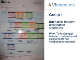 Group 1 Scenario:  Improve dissertation standards Why:  To bridge gap between module-based assignments and independent research. 