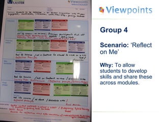 Group 4 Scenario:  ‘Reflect on Me’ Why:  To allow students to develop skills and share these across modules. 