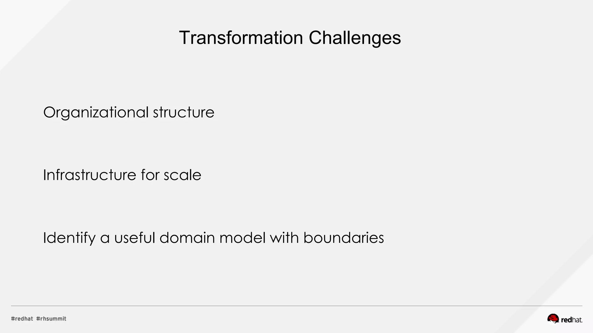 Infrastructure for scale
Organizational structure
Identify a useful domain model with boundaries
Transformation Challenges
 