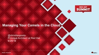 Managing Your Camels in the Cloud
@christianposta
Principal Architect at Red Hat
6/29/16
 