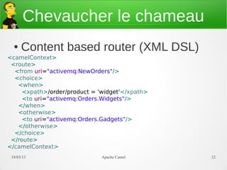 Chevaucher le chameau
  ●   Content based router (XML DSL)
<camelContext>
 <route>
  <from uri="activemq:NewOrders"/>
  <choice>
   <when>
     <xpath>/order/product = 'widget'</xpath>
     <to uri="activemq:Orders.Widgets"/>
   </when>
   <otherwise>
     <to uri="activemq:Orders.Gadgets"/>
   </otherwise>
  </choice>
 </route>
</camelContext>
 21/03/13                     Apache Camel      22
 