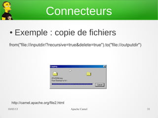 Connecteurs
 ●   Exemple : copie de fichiers
 from("file://inputdir/?recursive=true&delete=true").to("file://outputdir")




  http://camel.apache.org/file2.html
21/03/13                               Apache Camel                           31
 