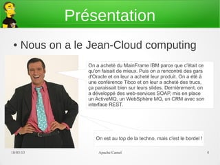 Présentation
 ●   Nous on a le Jean-Cloud computing
                 On a acheté du MainFrame IBM parce que c'était ce
                 qu'on faisait de mieux. Puis on a rencontré des gars
                 d'Oracle et on leur a acheté leur produit. On a été à
                 une conférence Tibco et on leur a acheté des trucs,
                 ça paraissait bien sur leurs slides. Dernièrement, on
                 a développé des web-services SOAP, mis en place
                 un ActiveMQ, un WebSphère MQ, un CRM avec son
                 interface REST.




                    On est au top de la techno, mais c'est le bordel !

21/03/13             Apache Camel                                        4
 