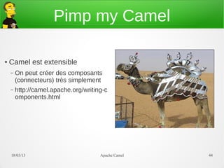 Pimp my Camel

●   Camel est extensible
    –   On peut créer des composants
        (connecteurs) très simplement
    –   http://camel.apache.org/writing-c
        omponents.html




    21/03/13                          Apache Camel   44
 
