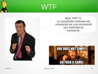 WTF
                                 Mais, WTF !!!
                           La complexité maîtrisée est
                          remplacée par une complexité
                                non maîtrisée du
                                  framework.




21/03/13   Apache Camel                              53
 