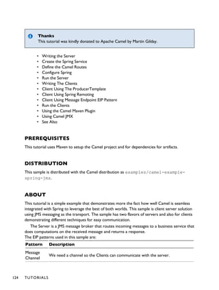 Thanks
This tutorial was kindly donated to Apache Camel by Martin Gilday.
• Writing the Server
• Create the Spring Service
• Define the Camel Routes
• Configure Spring
• Run the Server
• Writing The Clients
• Client Using The ProducerTemplate
• Client Using Spring Remoting
• Client Using Message Endpoint EIP Pattern
• Run the Clients
• Using the Camel Maven Plugin
• Using Camel JMX
• See Also
PREREQUISITES
This tutorial uses Maven to setup the Camel project and for dependencies for artifacts.
DISTRIBUTION
This sample is distributed with the Camel distribution as examples/camel-example-
spring-jms.
ABOUT
This tutorial is a simple example that demonstrates more the fact how well Camel is seamless
integrated with Spring to leverage the best of both worlds. This sample is client server solution
using JMS messaging as the transport. The sample has two flavors of servers and also for clients
demonstrating different techniques for easy communication.
The Server is a JMS message broker that routes incoming messages to a business service that
does computations on the received message and returns a response.
The EIP patterns used in this sample are:
Pattern Description
Message
Channel
We need a channel so the Clients can communicate with the server.
124 TUTORIALS
 