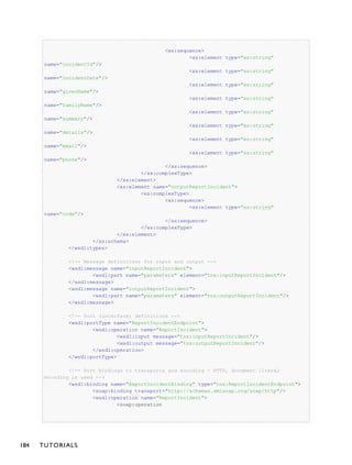 <xs:sequence>
<xs:element type="xs:string"
name="incidentId"/>
<xs:element type="xs:string"
name="incidentDate"/>
<xs:element type="xs:string"
name="givenName"/>
<xs:element type="xs:string"
name="familyName"/>
<xs:element type="xs:string"
name="summary"/>
<xs:element type="xs:string"
name="details"/>
<xs:element type="xs:string"
name="email"/>
<xs:element type="xs:string"
name="phone"/>
</xs:sequence>
</xs:complexType>
</xs:element>
<xs:element name="outputReportIncident">
<xs:complexType>
<xs:sequence>
<xs:element type="xs:string"
name="code"/>
</xs:sequence>
</xs:complexType>
</xs:element>
</xs:schema>
</wsdl:types>
<!-- Message definitions for input and output -->
<wsdl:message name="inputReportIncident">
<wsdl:part name="parameters" element="tns:inputReportIncident"/>
</wsdl:message>
<wsdl:message name="outputReportIncident">
<wsdl:part name="parameters" element="tns:outputReportIncident"/>
</wsdl:message>
<!-- Port (interface) definitions -->
<wsdl:portType name="ReportIncidentEndpoint">
<wsdl:operation name="ReportIncident">
<wsdl:input message="tns:inputReportIncident"/>
<wsdl:output message="tns:outputReportIncident"/>
</wsdl:operation>
</wsdl:portType>
<!-- Port bindings to transports and encoding - HTTP, document literal
encoding is used -->
<wsdl:binding name="ReportIncidentBinding" type="tns:ReportIncidentEndpoint">
<soap:binding transport="http://schemas.xmlsoap.org/soap/http"/>
<wsdl:operation name="ReportIncident">
<soap:operation
184 TUTORIALS
 