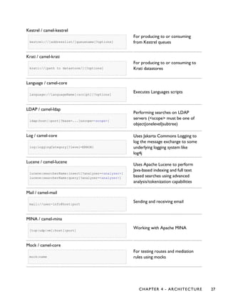 Kestrel / camel-kestrel
kestrel://[addresslist/]queuename[?options]
For producing to or consuming
from Kestrel queues
Krati / camel-krati
krati://[path to datastore/][?options]
For producing to or consuming to
Krati datastores
Language / camel-core
language://languageName[:script][?options]
Executes Languages scripts
LDAP / camel-ldap
ldap:host[:port]?base=...[&scope=<scope>]
Performing searches on LDAP
servers (<scope> must be one of
object|onelevel|subtree)
Log / camel-core
log:loggingCategory[?level=ERROR]
Uses Jakarta Commons Logging to
log the message exchange to some
underlying logging system like
log4j
Lucene / camel-lucene
lucene:searcherName:insert[?analyzer=<analyzer>]
lucene:searcherName:query[?analyzer=<analyzer>]
Uses Apache Lucene to perform
Java-based indexing and full text
based searches using advanced
analysis/tokenization capabilities
Mail / camel-mail
mail://user-info@host:port
Sending and receiving email
MINA / camel-mina
[tcp|udp|vm]:host[:port]
Working with Apache MINA
Mock / camel-core
mock:name
For testing routes and mediation
rules using mocks
CHAPTER 4 - ARCHITECTURE 27
 