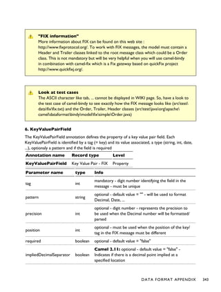 "FIX information"
More information about FIX can be found on this web site :
http://www.fixprotocol.org/. To work with FIX messages, the model must contain a
Header and Trailer classes linked to the root message class which could be a Order
class. This is not mandatory but will be very helpful when you will use camel-bindy
in combination with camel-fix which is a Fix gateway based on quickFix project
http://www.quickfixj.org/.
Look at test cases
The ASCII character like tab, ... cannot be displayed in WIKI page. So, have a look to
the test case of camel-bindy to see exactly how the FIX message looks like (srctest
datafixfix.txt) and the Order, Trailer, Header classes (srctestjavaorgapache
cameldataformatbindymodelfixsimpleOrder.java)
6. KeyValuePairField
The KeyValuePairField annotation defines the property of a key value pair field. Each
KeyValuePairField is identified by a tag (= key) and its value associated, a type (string, int, date,
...), optionaly a pattern and if the field is required
Annotation name Record type Level
KeyValuePairField Key Value Pair - FIX Property
Parameter name type Info
tag int
mandatory - digit number identifying the field in the
message - must be unique
pattern string
optional - default value = "" - will be used to format
Decimal, Date, ...
precision int
optional - digit number - represents the precision to
be used when the Decimal number will be formatted/
parsed
position int
optional - must be used when the position of the key/
tag in the FIX message must be different
required boolean optional - default value = "false"
impliedDecimalSeparator boolean
Camel 2.11: optional - default value = "false" -
Indicates if there is a decimal point implied at a
specified location
DATA FORMAT APPENDIX 343
 