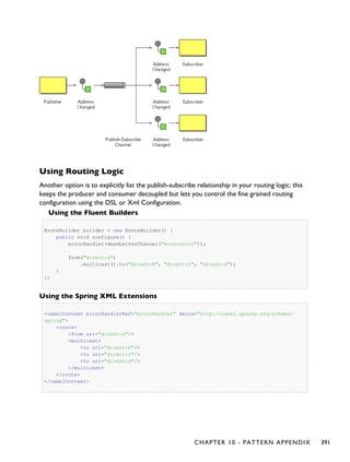 Using Routing Logic
Another option is to explicitly list the publish-subscribe relationship in your routing logic; this
keeps the producer and consumer decoupled but lets you control the fine grained routing
configuration using the DSL or Xml Configuration.
Using the Fluent Builders
RouteBuilder builder = new RouteBuilder() {
public void configure() {
errorHandler(deadLetterChannel("mock:error"));
from("direct:a")
.multicast().to("direct:b", "direct:c", "direct:d");
}
};
Using the Spring XML Extensions
<camelContext errorHandlerRef="errorHandler" xmlns="http://camel.apache.org/schema/
spring">
<route>
<from uri="direct:a"/>
<multicast>
<to uri="direct:b"/>
<to uri="direct:c"/>
<to uri="direct:d"/>
</multicast>
</route>
</camelContext>
CHAPTER 10 - PATTERN APPENDIX 391
 