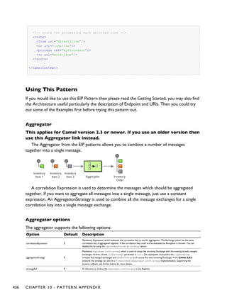 <!-- route for processing each splitted line -->
<route>
<from uri="direct:line"/>
<to uri="log:line"/>
<process ref="myProcessor"/>
<to uri="mock:line"/>
</route>
</camelContext>
Using This Pattern
If you would like to use this EIP Pattern then please read the Getting Started, you may also find
the Architecture useful particularly the description of Endpoint and URIs. Then you could try
out some of the Examples first before trying this pattern out.
Aggregator
This applies for Camel version 2.3 or newer. If you use an older version then
use this Aggregator link instead.
The Aggregator from the EIP patterns allows you to combine a number of messages
together into a single message.
A correlation Expression is used to determine the messages which should be aggregated
together. If you want to aggregate all messages into a single message, just use a constant
expression. An AggregationStrategy is used to combine all the message exchanges for a single
correlation key into a single message exchange.
Aggregator options
The aggregator supports the following options:
Option Default Description
correlationExpression Ê
Mandatory Expression which evaluates the correlation key to use for aggregation. The Exchange which has the same
correlation key is aggregated together. If the correlation key could not be evaluated an Exception is thrown. You can
disable this by using the ignoreBadCorrelationKeys option.
aggregationStrategy Ê
Mandatory AggregationStrategy which is used to merge the incoming Exchange with the existing already merged
exchanges. At first call the oldExchange parameter is null. On subsequent invocations the oldExchange
contains the merged exchanges and newExchange is of course the new incoming Exchange. From Camel 2.9.2
onwards the strategy can also be a TimeoutAwareAggregationStrategy implementation, supporting the
timeout callback, see further below for more details.
strategyRef Ê A reference to lookup the AggregationStrategy in the Registry.
436 CHAPTER 10 - PATTERN APPENDIX
 