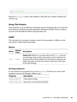 <bean id="processorB"
class="org.apache.camel.processor.MulticastOnPrepareTest$ProcessorB"/>
Notice the onPrepare option is also available on other EIPs such as Splitter, Recipient List,
and Wire Tap.
Using This Pattern
If you would like to use this EIP Pattern then please read the Getting Started, you may also find
the Architecture useful particularly the description of Endpoint and URIs. Then you could try
out some of the Examples first before trying this pattern out.
LOOP
The Loop allows for processing a message a number of times, possibly in a different way for
each iteration. Useful mostly during testing.
Options
Name
Default
Value
Description
copy false
Camel 2.8: Whether or not copy mode is used. If false then the
same Exchange will be used for each iteration. So the result from the
previous iteration will be visible for the next iteration. Instead you can
enable copy mode, and then each iteration restarts with a fresh copy
of the input Exchange.
Exchange properties
For each iteration two properties are set on the Exchange. Processors can rely on these
properties to process the Message in different ways.
Property Description
CamelLoopSize Total number of loops
CamelLoopIndex Index of the current iteration (0 based)
CHAPTER 10 - PATTERN APPENDIX 483
 