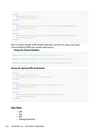<route>
<from uri="direct:start"/>
<to uri="activemq:topic:foo"/>
</route>
<route>
<from uri="activemq:topic:foo?clientId=1&durableSubscriptionName=bar1"/>
<to uri="mock:result1"/>
</route>
<route>
<from uri="activemq:topic:foo?clientId=2&durableSubscriptionName=bar2"/>
<to uri="mock:result2"/>
</route>
Here is another example of JMS durable subscribers, but this time using virtual topics
(recommended by AMQ over durable subscriptions)
Using the Fluent Builders
from("direct:start").to("activemq:topic:VirtualTopic.foo");
from("activemq:queue:Consumer.1.VirtualTopic.foo").to("mock:result1");
from("activemq:queue:Consumer.2.VirtualTopic.foo").to("mock:result2");
Using the Spring XML Extensions
<route>
<from uri="direct:start"/>
<to uri="activemq:topic:VirtualTopic.foo"/>
</route>
<route>
<from uri="activemq:queue:Consumer.1.VirtualTopic.foo"/>
<to uri="mock:result1"/>
</route>
<route>
<from uri="activemq:queue:Consumer.2.VirtualTopic.foo"/>
<to uri="mock:result2"/>
</route>
See Also
• JMS
• File
• JPA
• Message Dispatcher
510 CHAPTER 10 - PATTERN APPENDIX
 