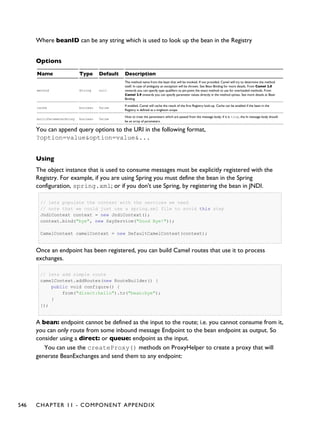 Where beanID can be any string which is used to look up the bean in the Registry
Options
Name Type Default Description
method String null
The method name from the bean that will be invoked. If not provided, Camel will try to determine the method
itself. In case of ambiguity an exception will be thrown. See Bean Binding for more details. From Camel 2.8
onwards you can specify type qualifiers to pin-point the exact method to use for overloaded methods. From
Camel 2.9 onwards you can specify parameter values directly in the method syntax. See more details at Bean
Binding.
cache boolean false
If enabled, Camel will cache the result of the first Registry look-up. Cache can be enabled if the bean in the
Registry is defined as a singleton scope.
multiParameterArray boolean false
How to treat the parameters which are passed from the message body; if it is true, the In message body should
be an array of parameters.
You can append query options to the URI in the following format,
?option=value&option=value&...
Using
The object instance that is used to consume messages must be explicitly registered with the
Registry. For example, if you are using Spring you must define the bean in the Spring
configuration, spring.xml; or if you don't use Spring, by registering the bean in JNDI.
// lets populate the context with the services we need
// note that we could just use a spring.xml file to avoid this step
JndiContext context = new JndiContext();
context.bind("bye", new SayService("Good Bye!"));
CamelContext camelContext = new DefaultCamelContext(context);
Once an endpoint has been registered, you can build Camel routes that use it to process
exchanges.
// lets add simple route
camelContext.addRoutes(new RouteBuilder() {
public void configure() {
from("direct:hello").to("bean:bye");
}
});
A bean: endpoint cannot be defined as the input to the route; i.e. you cannot consume from it,
you can only route from some inbound message Endpoint to the bean endpoint as output. So
consider using a direct: or queue: endpoint as the input.
You can use the createProxy() methods on ProxyHelper to create a proxy that will
generate BeanExchanges and send them to any endpoint:
546 CHAPTER 11 - COMPONENT APPENDIX
 