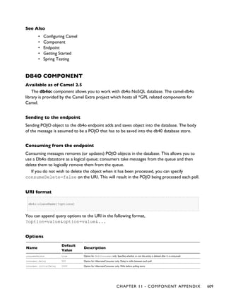 See Also
• Configuring Camel
• Component
• Endpoint
• Getting Started
• Spring Testing
DB4O COMPONENT
Available as of Camel 2.5
The db4o: component allows you to work with db4o NoSQL database. The camel-db4o
library is provided by the Camel Extra project which hosts all *GPL related components for
Camel.
Sending to the endpoint
Sending POJO object to the db4o endpoint adds and saves object into the database. The body
of the message is assumed to be a POJO that has to be saved into the db40 database store.
Consuming from the endpoint
Consuming messages removes (or updates) POJO objects in the database. This allows you to
use a Db4o datastore as a logical queue; consumers take messages from the queue and then
delete them to logically remove them from the queue.
If you do not wish to delete the object when it has been processed, you can specify
consumeDelete=false on the URI. This will result in the POJO being processed each poll.
URI format
db4o:className[?options]
You can append query options to the URI in the following format,
?option=value&option=value&...
Options
Name
Default
Value
Description
consumeDelete true Option for Db4oConsumer only. Specifies whether or not the entity is deleted after it is consumed.
consumer.delay 500 Option for HibernateConsumer only. Delay in millis between each poll.
consumer.initialDelay 1000 Option for HibernateConsumer only. Millis before polling starts.
CHAPTER 11 - COMPONENT APPENDIX 609
 