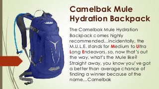 Camelbak Mule
Hydration Backpack
The Camelbak Mule Hydration
Backpack comes highly
recommended…incidentally, the
M.U.L.E. stands for Medium to Ultra
Long Endeavors, so, now that’s out
the way, what’s the Mule like?
Straight away, you know you’ve got
a better than average chance of
finding a winner because of the
name…Camelbak
 