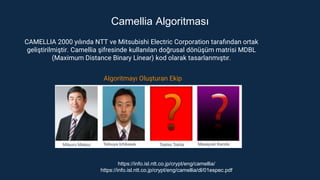 Camellia Algoritması
CAMELLIA 2000 yılında NTT ve Mitsubishi Electric Corporation tarafından ortak
geliştirilmiştir. Camellia şifresinde kullanılan doğrusal dönüşüm matrisi MDBL
(Maximum Distance Binary Linear) kod olarak tasarlanmıştır.
Algoritmayı Oluşturan Ekip
https://info.isl.ntt.co.jp/crypt/eng/camellia/
https://info.isl.ntt.co.jp/crypt/eng/camellia/dl/01espec.pdf
 