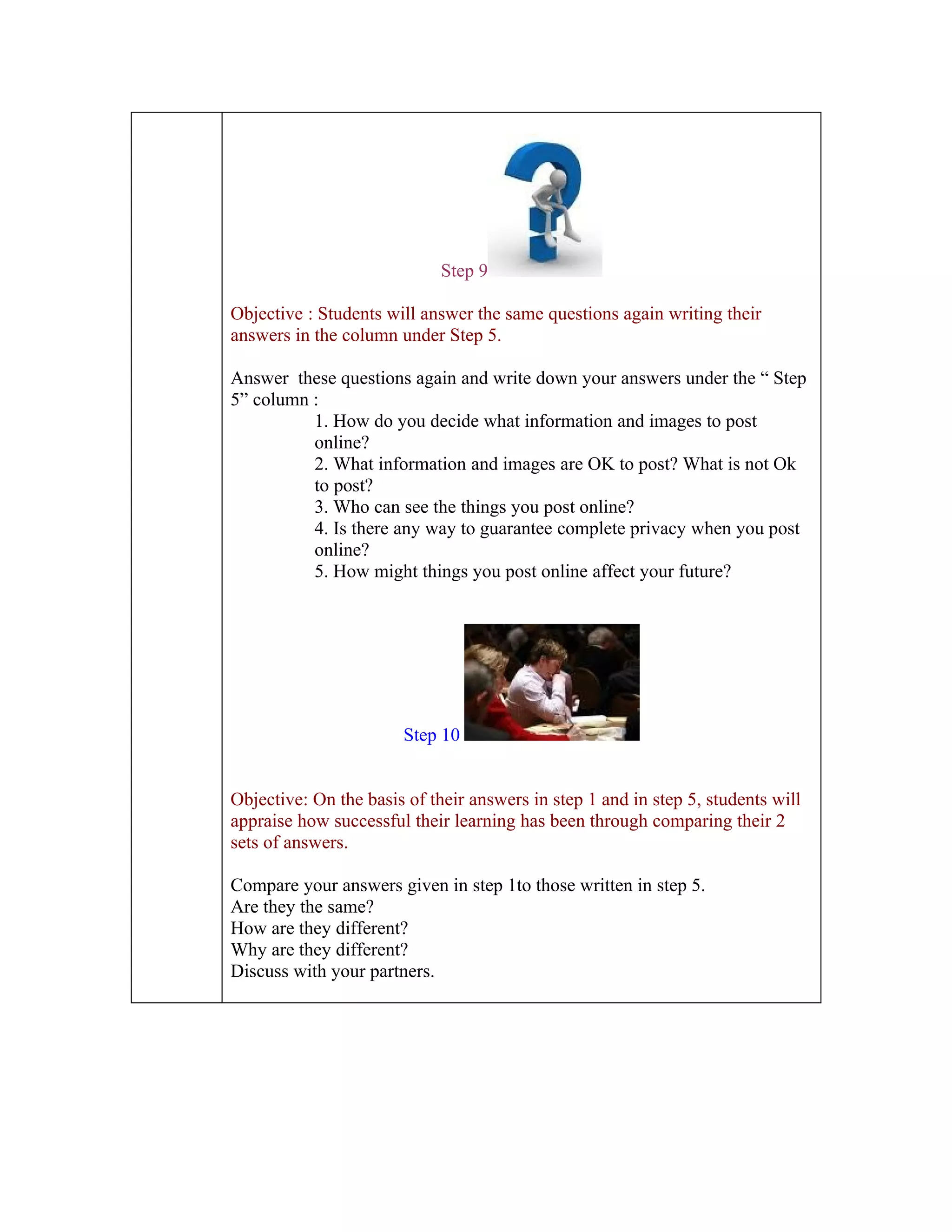 Step 9

Objective : Students will answer the same questions again writing their
answers in the column under Step 5.

Answer these questions again and write down your answers under the “ Step
5” column :
          1. How do you decide what information and images to post
          online?
          2. What information and images are OK to post? What is not Ok
          to post?
          3. Who can see the things you post online?
          4. Is there any way to guarantee complete privacy when you post
          online?
          5. How might things you post online affect your future?




                       Step 10


Objective: On the basis of their answers in step 1 and in step 5, students will
appraise how successful their learning has been through comparing their 2
sets of answers.

Compare your answers given in step 1to those written in step 5.
Are they the same?
How are they different?
Why are they different?
Discuss with your partners.
 