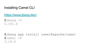 Installing Camel CLI
https://www.jbang.dev/
$jbang -V
0.101.0
$jbang app install camel@apache/camel
$camel -V
3.19.0
 