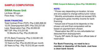 SAMPLE COMPUTATION
DRINA House Unit
Lot Area: 99 sqm
Floor Area: 113 sqm
BANK FINANCING
Total Contract Price (TCP): Php 2,665,898.00
12.5% Downpayment (DP): Php 333,237.00
Less: Reservation Fee: Php 20,000.00
NET DP: Php 313,237.00
15 Months to Pay: Php 20,883.00
87.5% Bank Financing: Php 2,332,661.00
Schedule of payment:
15 Years to Pay: Php 22,293.00 per month
20 Years to Pay: Php 19,512.00 per month
NOTE:
* Prices vary depending on location, lot size
and are subject to change without prior notice.
* Monthly amortization should not exceed 30%
of applicant's gross monthly income for bank
financing
* Actual cost of house & lot depends on the
chosen unit and final computation will be
based on payment term chosen.
* Reservation fee (RF) is non-refundable but
deducted from downpayment.
* Equity /DP starts 30 days from official date of
reservation
For Bank Financing, no need to be a
member or depositor of the bank. Just have
a clean bank record.
FREE Carport & Balcony (Save Php 100,000.00+)
 