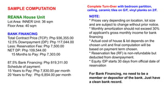 SAMPLE COMPUTATION
REANA House Unit
Lot Area: INNER Unit: 36 sqm
Floor Area: 40 sqm
BANK FINANCING
Total Contract Price (TCP): Php 936,355.00
12.5% Downpayment (DP): Php 117,044.00
Less: Reservation Fee: Php 7,500.00
NET DP: Php 109,544.00
15 Months to Pay: Php 7,303.00
87.5% Bank Financing: Php 819,311.00
Schedule of payment:
15 Years to Pay: Php 7,830.00 per month
20 Years to Pay: Php 6,854.00 per month
NOTE:
* Prices vary depending on location, lot size
and are subject to change without prior notice.
* Monthly amortization should not exceed 30%
of applicant's gross monthly income for bank
financing
* Actual cost of house & lot depends on the
chosen unit and final computation will be
based on payment term chosen.
* Reservation fee (RF) is non-refundable but
deducted from downpayment.
* Equity /DP starts 30 days from official date of
reservation
For Bank Financing, no need to be a
member or depositor of the bank. Just have
a clean bank record.
Complete Turn-Over with bedroom partition,
ceiling, ceramic tiles on G/F, vinyl planks on 2/F.
 