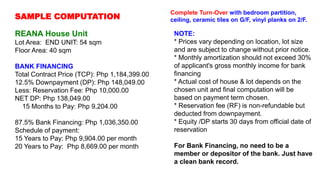 SAMPLE COMPUTATION
REANA House Unit
Lot Area: END UNIT: 54 sqm
Floor Area: 40 sqm
BANK FINANCING
Total Contract Price (TCP): Php 1,184,399.00
12.5% Downpayment (DP): Php 148,049.00
Less: Reservation Fee: Php 10,000.00
NET DP: Php 138,049.00
15 Months to Pay: Php 9,204.00
87.5% Bank Financing: Php 1,036,350.00
Schedule of payment:
15 Years to Pay: Php 9,904.00 per month
20 Years to Pay: Php 8,669.00 per month
NOTE:
* Prices vary depending on location, lot size
and are subject to change without prior notice.
* Monthly amortization should not exceed 30%
of applicant's gross monthly income for bank
financing
* Actual cost of house & lot depends on the
chosen unit and final computation will be
based on payment term chosen.
* Reservation fee (RF) is non-refundable but
deducted from downpayment.
* Equity /DP starts 30 days from official date of
reservation
For Bank Financing, no need to be a
member or depositor of the bank. Just have
a clean bank record.
Complete Turn-Over with bedroom partition,
ceiling, ceramic tiles on G/F, vinyl planks on 2/F.
 