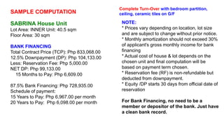 SAMPLE COMPUTATION
SABRINA House Unit
Lot Area: INNER Unit: 40.5 sqm
Floor Area: 30 sqm
BANK FINANCING
Total Contract Price (TCP): Php 833,068.00
12.5% Downpayment (DP): Php 104,133.00
Less: Reservation Fee: Php 5,000.00
NET DP: Php 99,133.00
15 Months to Pay: Php 6,609.00
87.5% Bank Financing: Php 728,935.00
Schedule of payment:
15 Years to Pay: Php 6,967.00 per month
20 Years to Pay: Php 6,098.00 per month
NOTE:
* Prices vary depending on location, lot size
and are subject to change without prior notice.
* Monthly amortization should not exceed 30%
of applicant's gross monthly income for bank
financing
* Actual cost of house & lot depends on the
chosen unit and final computation will be
based on payment term chosen.
* Reservation fee (RF) is non-refundable but
deducted from downpayment.
* Equity /DP starts 30 days from official date of
reservation
For Bank Financing, no need to be a
member or depositor of the bank. Just have
a clean bank record.
Complete Turn-Over with bedroom partition,
ceiling, ceramic tiles on G/F
 