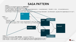 SAGA PATTERN
Booking
Payment
Hotel
Flight
LRA
camel:
service:
lra:
enabled: true
coordinator-url: http://lra-coordinator.rhte.svc:46000
local-participant-url: http://${project.artifactId}:8080/api
.saga()
.propagation(SagaPropagation.MANDATORY)
.compensation("direct:cancelBooking")
.to("sql:INSERT INTO FLIGHT (custid, traveldatestart, traveldateend ) VALUES (:#id, :#traveldatestart,
:#traveldateend)?dataSource=dataSource")
.toD("http4://rhte-creditcard.rhte.svc:8080/credircard/pay/${header.id}/${header.payamt}?bridgeEndpoint=true")
.saga()
.setHeader(Exchange.HTTP_METHOD, constant("POST"))
.toD("http4://rhte-flight.rhte.svc:8080/api/book?bridgeEndpoint=true")
.toD("http4://rhte-hotel.rhte.svc:8080/api/book?bridgeEndpoint=true")
compensation
compensation
 