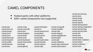 CAMEL COMPONENTS
● Feature parity with other platforms
● 200+ camel components now supported.
camel-ahc
camel-ahc-ws
camel-amqp
camel-avro
camel-avro
camel-barcode
camel-base64
camel-tarfile
camel-beanio
camel-box
camel-coap
camel-couchdb
camel-dns
camel-dropbox
camel-elsql
camel-exec
camel-facebook
camel-freemarker
camel-git
camel-github
camel-infinispan
camel-irc
camel-jacksonxml
camel-jbpm
camel-jcache
camel-jdbc
camel-kubernetes
camel-linkedin
camel-metrics
camel-mllp
camel-mongodb
camel-mybatis
camel-nats
camel-olingo2
camel-optaplanner
camel-paho
camel-pdf
camel-rabbitmq
camel-sap-netweaver
camel-schematron
camel-servicenow
camel-sjms
camel-smpp
camel-snmp
camel-splunk
camel-spring-batch
camel-spring-integration
camel-spring-ldap
camel-spring-redis
camel-ssh
camel-stax
camel-syslog
camel-bean-validator
camel-twitter
camel-undertow
camel-vertx
 