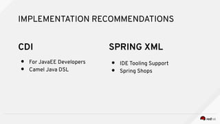 IMPLEMENTATION RECOMMENDATIONS
● For JavaEE Developers
● Camel Java DSL
● IDE Tooling Support
● Spring Shops
SPRING XMLCDI
 