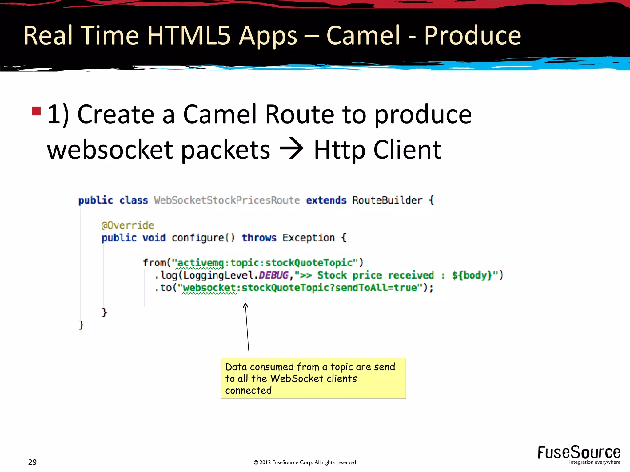 Real Time HTML5 Apps – Camel - Produce

 1) Create a Camel Route to produce
  websocket packets  Http Client




               Data consumed from a topic are send
               to all the WebSocket clients
               connected




29                  © 2012 FuseSource Corp. All rights reserved
 