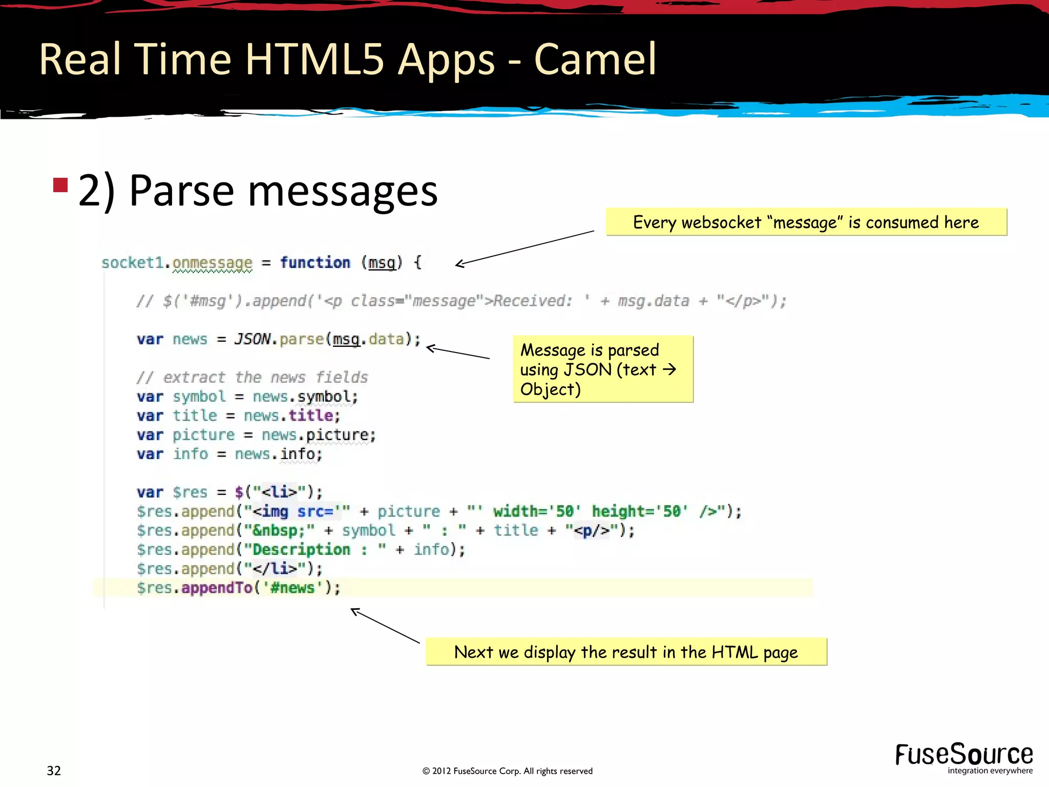 Real Time HTML5 Apps - Camel

 2) Parse messages
                                                                Every websocket “message” is consumed here




                                          Message is parsed
                                          using JSON (text 
                                          Object)




                         Next we display the result in the HTML page




32                © 2012 FuseSource Corp. All rights reserved
 