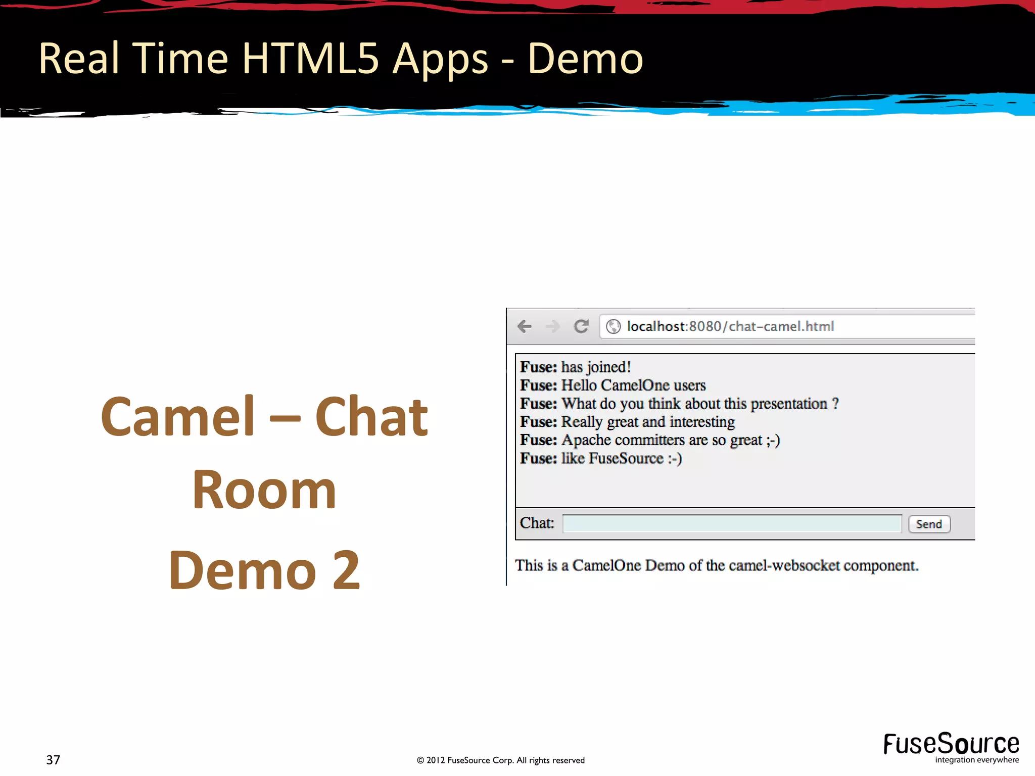 Real Time HTML5 Apps - Demo




     Camel – Chat
        Room
       Demo 2

37              © 2012 FuseSource Corp. All rights reserved
 