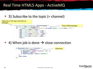 Real Time HTML5 Apps - ActiveMQ

   • 3) Subscribe to the topic (= channel)
Subscribe to the topic and listen on
messages

                                                                                              Parse JSON messages




   • 4) When job is done  close connection
                                                                                     Close here




   24                                  © 2012 FuseSource Corp. All rights reserved
 